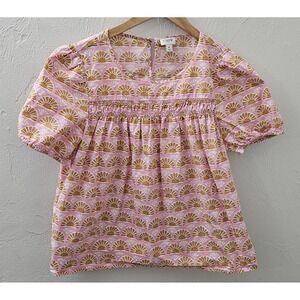 J. CREW Pink Puff Sleeve Top Womens Medium Smocked Yoke Short Sleeve Blouse